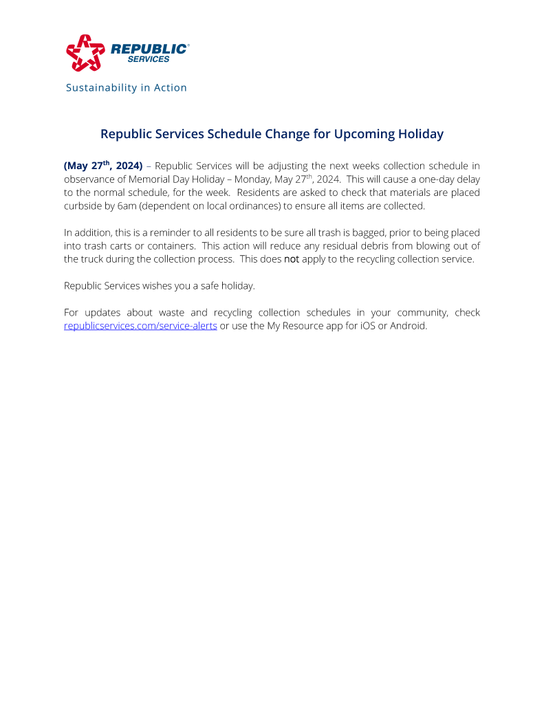 Republic Services Schedule Change for Holiday City of Maumee